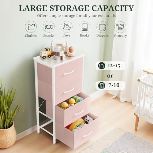 Nightstand, 4 Drawer Dresser End Table Bedside Furniture with Wooden Top Steel Frame Fabric Bins for Bedroom, Closet, Entryway, Dorm, Living Room, Pink - color: Pink, size: 11.8"D x 17.7"W x 37.4"H (4 Drawers)
