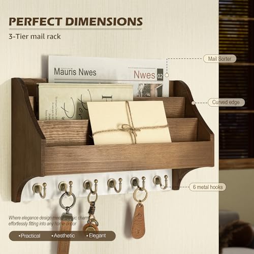 Rebee Vision Pine Wood Key Holder Wall Mount - Farmhouse 3-Tire Mail Holder with 6 Key Hooks for Home Decor- Multifunctional Wall Organizer for Hanging Letter (Brown&White) - color: Brown&White