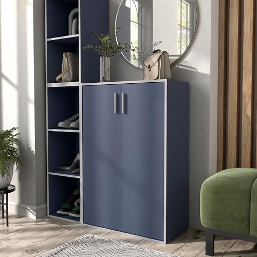 Homes: Inside + Out Apexa 3-Tier Stackable Wood Bookcase with Doors, Cube Storage Organizer Shelves, Small Food Pantry Cabinet, Dorm Teen Room Decor & Bedroom, Home Office, Kitchen, Steel Blue - color: Steel Blue, size: 3-Tier