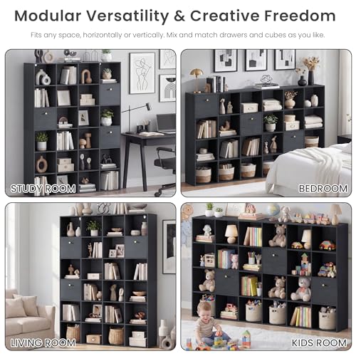 Modern Cube Storage Organizer, 24 Open Shelves Bookcase with 3 Storage Bins, Black Book Case with Wood Grain, Freestanding Shelf for Bedroom, Living Room, Home Office, Library, Wooden Large Book Shelf - color: Black, size: 24 Cube