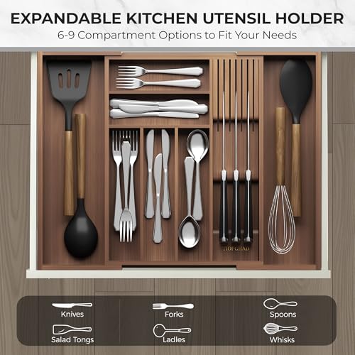TIOPGHAD Bamboo-Silverware-Drawer-Organizer-Kitchen, Expandable Utensil Holder Cutlery Tray Flatware Organization Adjustable Wood Tableware Dividers Storage (with Removable Knife Block)(Brown) - color: Brown, size: Large