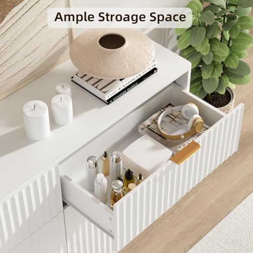VOWNER Fluted 6 Drawers Dresser for Bedroom, 54" Wide Modern Chest of Drawers with Metal Handle, Closet Clothes Storage Organizer, Wood Dresser TV Stand for Living Room, Closet, Hallway, Entryway - color: White