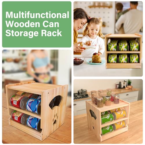 Wood Cat Can Organizer for Pantry, 2 Tier Stackable Can Storage Rack for Kitchen Counter And Cabinet Cat Food Storage Container Holds 36 (3oz) Cans FIFO Design