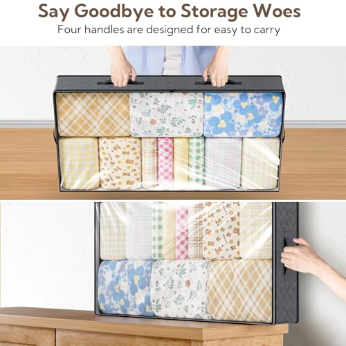 10 Pack Under Bed Storage Containers 90L Underbed Closet Organizer System Collapsible Storage Bins with Clear Window and Reinforced Handles for Bedding Pillows Blanket Towels Clothes Wardrobe Bedroom