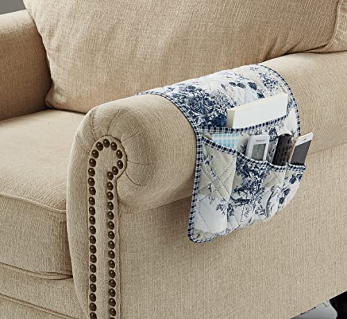 Brilliant Sunshine Blue Toile Couch Sofa Armrest 5 Pockets Organizer, Slip Resistant Recliner Armchair Caddy, Washable Remote Controls Holder, Storage for Magazine, Tablet, Phone, iPad, 35×13", Blue - color: Blue Beige
