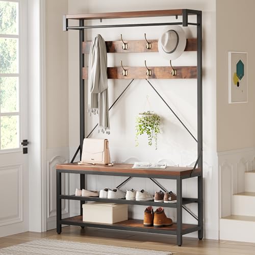 IDEALHOUSE Coat Rack Shoe Bench Industrial Hall Tree Storage Bench for Entryway Wood Look Accent Large Shoe Rack with Storage Shelf Hanging Bar,8 Hooks Grey 39.9"x15.7"x72" - color: Brown