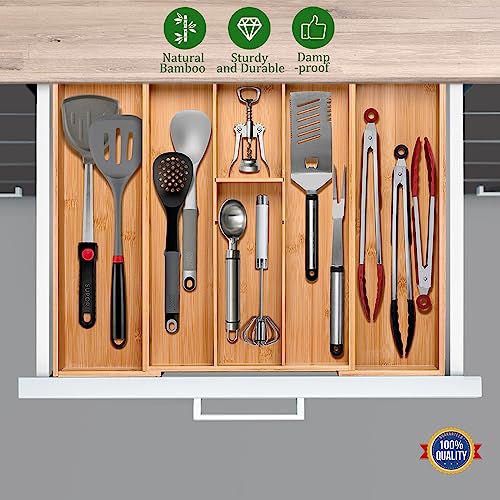 guiogc Bamboo Silverware Organizer, Expandable Kitchen Drawer Organizer and Utensil Organizer, Cutlery Tray with Drawer Dividers for Kitchen Utensils and Flatware, Bedroom, Living Room (Natural) - size: Two-sided pull
