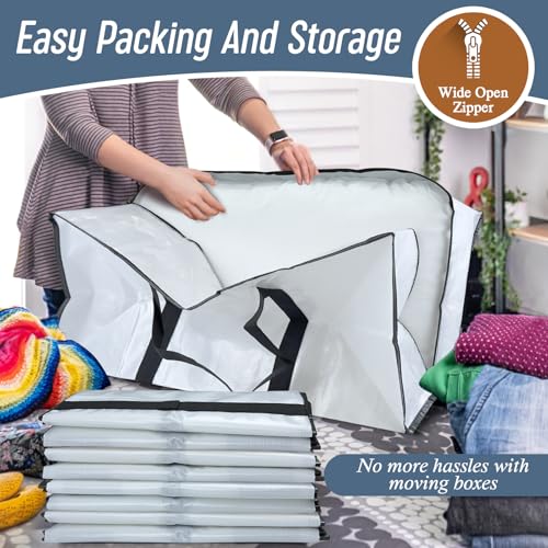 12 Pack Extra Heavy Duty Large Moving Bags with Strong Zipper & Comfortable Handles, Sturdy & Durable Clothes Storage Bags Totes Bins, Packing Moving Boxes for College Supplies, White - color: White, size: 12 Pack