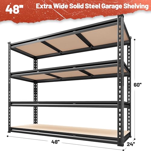 REIBII 48" W Garage Shelving Heavy Duty 2550 LBS Storage Shelves 4 Tier Heavy Duty Shelving, Adjustable Metal Shelves, Industrial Shelf for Garage, Warehouse, Pantry, 48" W x 60" H x 24" D - size: 48" W x 60" H x 24" D