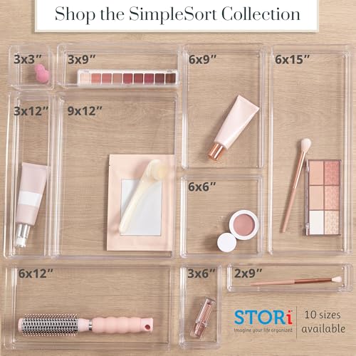 STORi SimpleSort 3-Piece Stackable Clear Drawer Organizer Set | 12" x 6" x 2" Rectangle Trays | Wide Makeup Vanity Storage Bins and Office Desk Drawer Dividers | Made in USA - size: 12x6x2"