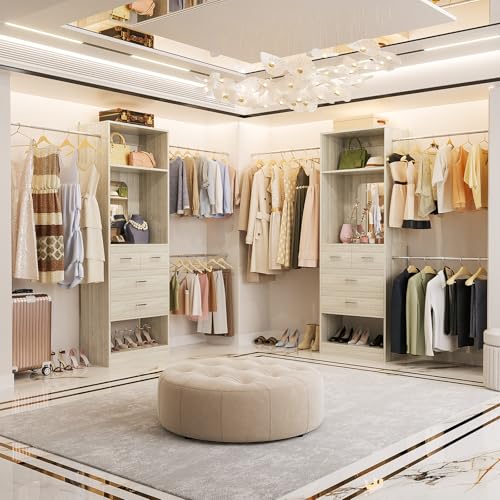 Unikito 8FT Closet System, Customizable 96” Closet Storage Organizer with 25” Tower and 3 Extendable Hanging Rods (Can Be Cut to Fit), Heavy Duty Clothing Racks with 4 Drawers and Shelves, White Oak - color: White Oak