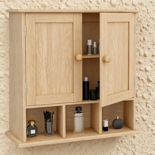 TaoHFE Natural Wooden Color Bathroom Wall Cabinet with 2 Door Adjustable Shelves,Over The Toilet Storage Wall Mounted Medicine Cabinets for Bathroom Laundry Room Kitchen - color: Wooden Color