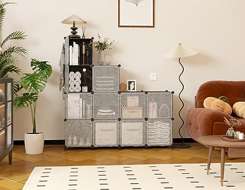 AWTATOS 12 Cube Storage Organizer with Doors, DIY Plastic Closet Shelf, Modular Bookshelf, Stackable Shelving Rack for Bedroom, Living Room, Black ULPZ012 - color: Black