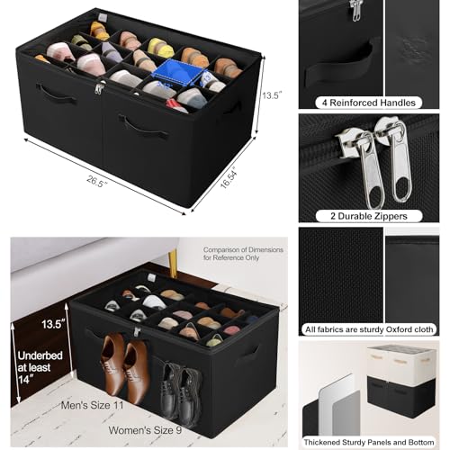 TOPIA HOME Shoe Organizer for Closet, Foldable Shoe Box with Adjustable Dividers and Clear Cover, Space Saving Shoe Storage Organizer Cabinet with Reinforced Handles, Fits 20 Pairs, Black, TP10B - color: Black, size: Extra Large(26.5''L x 16.54''W x 13.5'