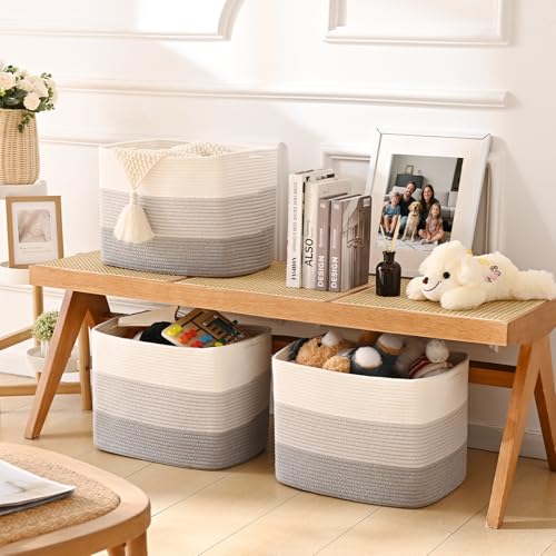 3 Pack Cube Storage Bin, 17”x12”x12” Cotton Rope Woven Baskets for Organizing Toys Clothes Towels, Square Gift Storage Baskets for Shelves, Nursery, Closet, Bathroom, Pantry (3-Tone Gray) - color: 3-Tone Gray, size: 17" x 12" x 12"