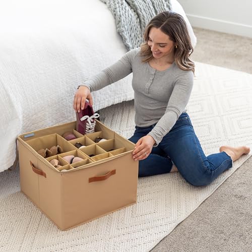 OrganiHaus Large Shoe Storage Bin for Closet, Shoe Organizer Box Fits up to 16 Pairs, Collapsible Fabric Shoe Basket w/Clear Cover, Adjustable Dividers & Reinforced Handles, Brown - color: Brown