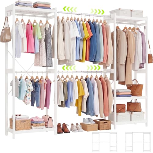 Homykic Bamboo Closet System, 71"-91" Expandable Clothing Rack with 5 Hanger Rods & Shelves, 6.6ft Tall Garment Rack Organizer for Walk-in Closet Bedroom, Max Load 850LBS, Easy to Assemble, White - color: White, size: 91"Wx14.2"Dx79"H