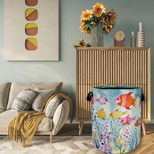 Watercolor Fish Laundry Basket Foldable With Handles Cute Fishes Tote Bag Oxford Cloth Colorful Laundry Hamper Clothes Storage Bucket Toy Organizer For Bathroom/Laundry/Bedroom 18.9"x16.5 " - color: Watercolor Fish Hand Drawn Fishes