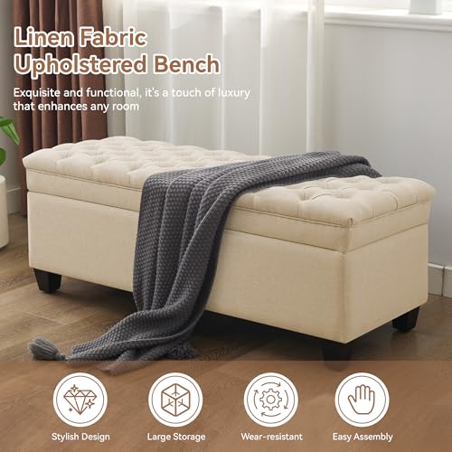 WUTUTUEE 51" Fabric Storage Ottoman Bench, Upholstered Rectangle End of Bed Storage Ottoman Tufted Living Room Bedroom Bench with Safety Hinge, Solid Wood Legs, Loads 500 lb(Khaki) - color: Khaki-fabric
