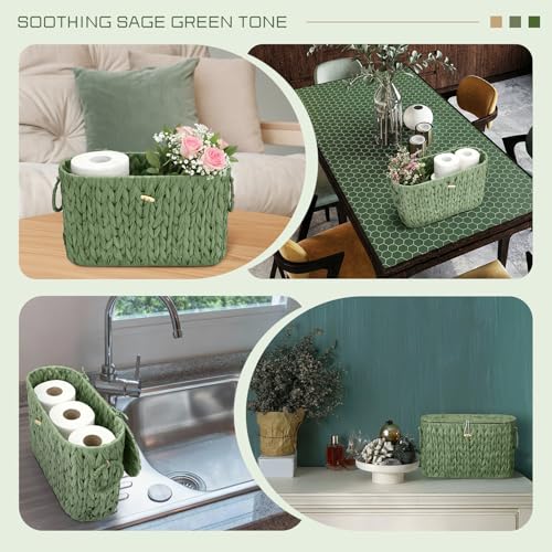 Kathfly Sage Green Toilet Paper Storage Basket with Lid Wicker Woven Bathroom Basket Toilet Paper Holder Holds up to 6 Mega Rolls Woven Organizer for Home Bathroom Kitchen Offices - style: Classic Style