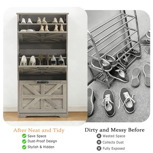 Shoe Storage Cabinet with 3 Flip Drawers, Farmhouse Shoe Organizer with Barn Door Design, Space-Saving Hidden Narrow Shoe Rack Cabinet for Entryway, Hallway & Foyer，Grey - color: Grey, size: 1 pcs-3 Flip Drawers