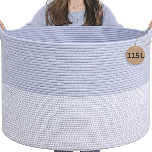 INDRESSME 115L Extra Large Rope Basket, Organizing Storage for Nursery Living Room Home Décor., Decorative Woven Laundry Basket, Towel, Gift Baskets, Blue - color: Blue & White, size: 23.6"D x 15.7"H