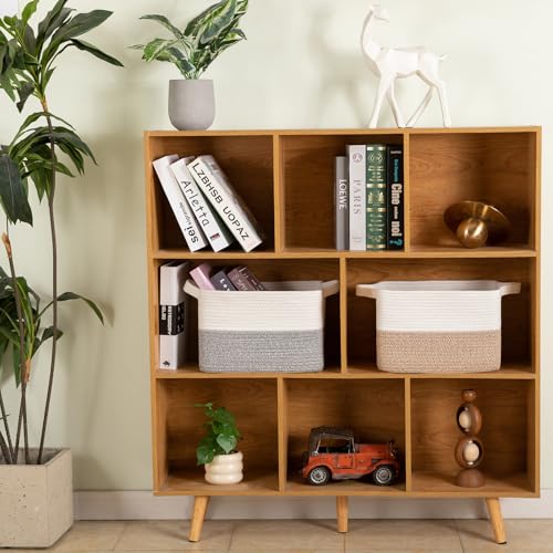 OIAHOMY Woven Storage Basket for Shelves, Rectangle Cotton Rope Baskets for Organizing, 13 x 10 x 9 in, Storage Bins for Dog Toys,Towel,Books,Gift,Grey and White - color: Grey and White, size: 13"x10"x9"