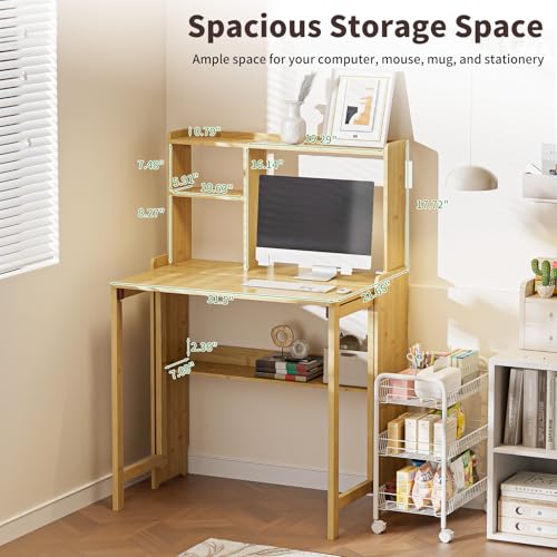 Bamboo Folding Desk for Small Spaces with Storage, Mid Century Foldable Desk with Bookshelf, Small Desks with Storage for Home Office Bedroom, Natural - color: Natural, size: 21.65"D x 40.55"W x 29.92"H