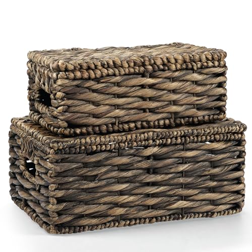 Set of 2 Black Wicker Baskets with Lid - color: Black
