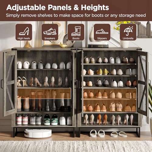 Maupvit 42.1" Farmhouse Shoe Cabinet with Ventilated Mesh Doors, 6-Tier Shoe Storage Cabinet with Adjustable Shelves & Metal Legs, Rustic Wooden Shoe Rack Organizer for Entryway, Hallway, Foyer, Grey - color: Grey