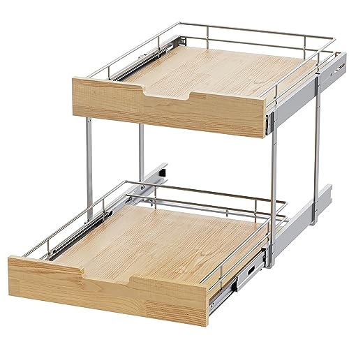 Sikarou Pull Out Cabinet Organizer,Heavy-Duty Slide Out Shelf, Wood and Wire Basket, Pull Out Drawer for for Kitchen Under Sink Space, Pantry, Bathroom, 2 Tie 14 * 21 in - size: 2-TIE 14*21 WM