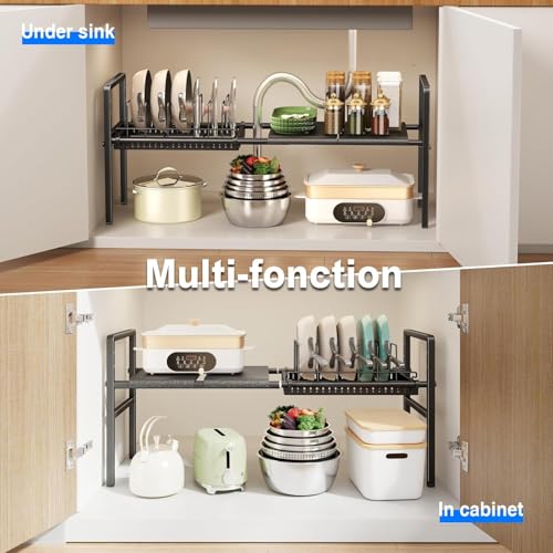 Mustorn Pots and Pans Organizer Under Cabinet, Expandable 1 Tier Under Sink Organizers and Storage Adjustable Height Kitchen Pot and Pan Lid Holder Rack with 6 Dividers Under Cabinet Shelf(Black) - size: 2panels &1 pot rack-1 Tier