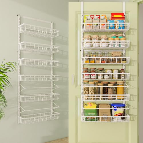 Mefirt Over The Door Pantry Organizer, Wall Mount Spice Rack, Pantry Hanging Storage and Organization, 6 Adjustable Baskets Heavy-Duty Metal for Home & Kitchen, Back of Door Seasoning Rack - White - color: White, size: 6-Tier
