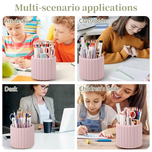 Anyoifax 360° Rotating Pen Holder 7 Slots Desk Organizer Removable Pencil Cup Plastic Art Supplies and Accessories Desktop Storage Box Caddy for Office, School, Home (Pink) - style: Stripe Pink