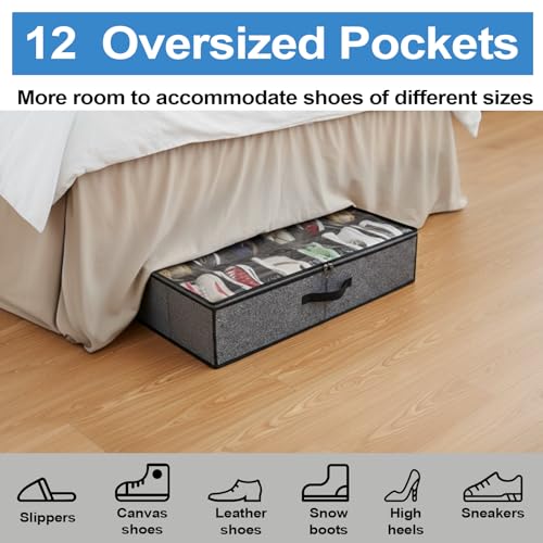 2 pc Sturdy Under Bed Shoe Storage Organizer, Underbed Shoes Closet Storage Solution with Clear Window, Breathable, With 1 Sock Bag and 20 Disposable Shoe Bags Fit 12 to 24 Pairs, Linen-like Black