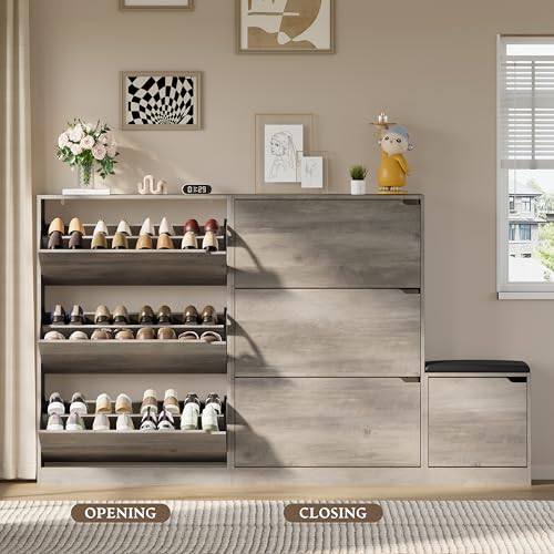 BORNOON Shoe Cabinet with Bench and 3 Flip Drawers, Slim Narrow Shoe Storage Cabinet, Freestanding Shoe Rack Organizer with Adjustable & Removable Shelves, Anti-Tip for Entryway, Hallway, Foyer - color: Grey, size: 3-Drawer - Bench