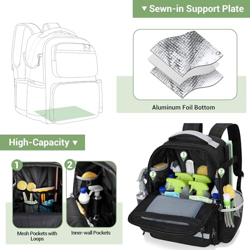 HODRANT Cleaning Backpack with Bottom Plate & Waterproof Bottom, Large Supplies Bag with Multiple Pockets for Housekeeping Tools, Cleaning Products Caddy Organizer for Home & Car
