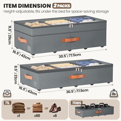 Dayacoco Under Bed Storage with Wheels, 2Pack 71L Under the Bed Storage Containers, Adjustable Underbed Drawer with Lids, Underbed storage Rolling Bin for Shoes, Clothes, Blankets, Grey - size: 8.5-11.5 inch height-grey