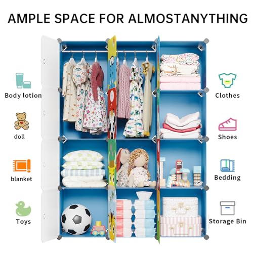 MAGINELS Kids Closet,Baby Wardrobe Closet with Door,Cute Portable Armoire Dresser,Clothes Hanging Storage Rack for Boy Bedroom,Blue,12 Cube(14x14inch) - color: Blue, size: 12 Cube