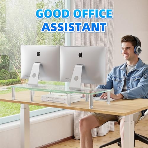 Simple Trending Dual Monitor Stand Riser, Computer Office Desktop Organizer for 2 Monitors with Tempered Glass, Adjustable Length and Angle Stand for Laptop,Printer,TV - size: 41.5 x 9.5 x 5 inches