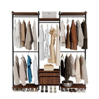 Wall-Mounted Steel & Wood Closet Organizer System with 4 Adjustable Shelves, 5 Hanging Rods, and 2 Drawers – Modern Open Wardrobe, Walnut - color: BC03-walnut