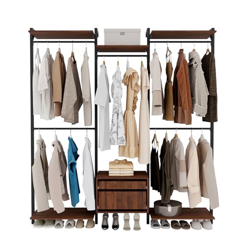 Wall-Mounted Steel & Wood Closet Organizer System with 4 Adjustable Shelves, 5 Hanging Rods, and 2 Drawers – Modern Open Wardrobe, Walnut - color: BC03-walnut