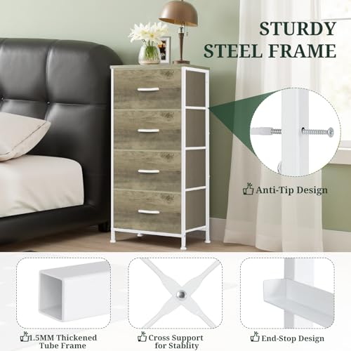 Nightstand, 4 Drawer Dresser End Table Bedside Furniture with Wooden Top Steel Frame Fabric Bins for Bedroom, Closet, Entryway, Dorm, Living Room, Greige Oak - color: Greige Oak, size: 11.8"D x 17.7"W x 37.4"H (4 Drawers)
