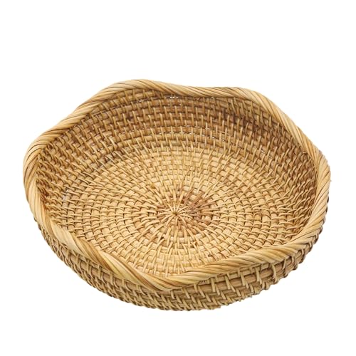 8.7" Handmade Rattan Basket Small Round Woven Storage Basket Tray Small Decorative Bowl for Home Decor, Wavy Edge - color: Basic-wavy, size: 8.7“