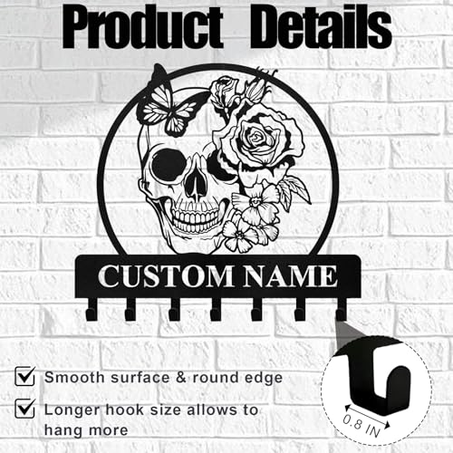 Personalized Key Holder for Wall - Coat Rack Wall Mount with Skeleton & Rose Flower Design, Metal Key Organizer with Hooks, Skull Wall Decor for Bedroom Living Room Entryway, Personalized Gift - color: Color02 Skeleton & Rose Flower