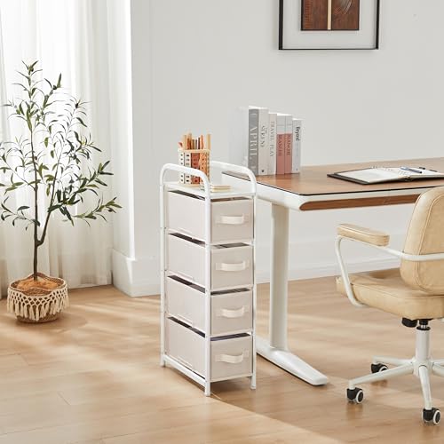 MAX Houser 4 Drawer Narrow Dresser Fabric Storage Tower Vertical Slim Storage Chest Organizer Nightstand Side/End Table Small Standing Organizer Removable Drawers Wood Top for Bedroom, Bathroom(Beige) - color: Beige1