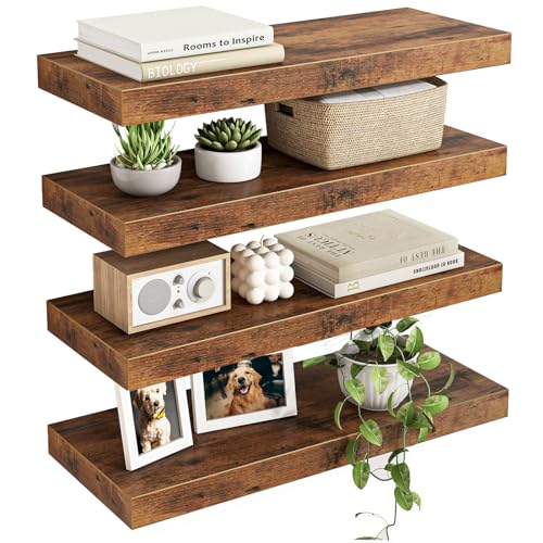 Fixwal Wood Floating Shelves, Wall Shelves Set of 4, Shelves for Wall Decor, with Invisible Brackets for Bathroom, Living Room,Bedroom and Kitchen(Rustic Brown) | Wall Shelves, for Bathroom, Living Room, Bedroom, Kitchen - color: Rustic Brown