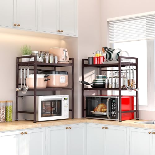 PUSDON 3-Tier Expandable Microwave Oven Rack, Countertop Baker's Rack Style Shelf, Heavy Duty Adjustable Stand with Hooks, 160lbs Capacity Rustic Decor, Vintage Bronze - color: Vintage Bronze, size: H-frame 3 tier