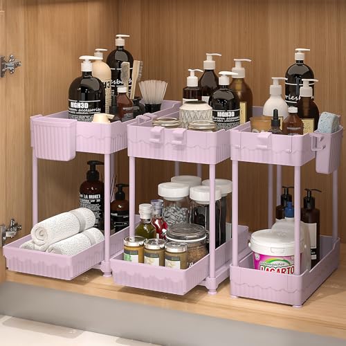 Sevenblue 3 Pack Under Sink Organizers, 2-Tier Multi-Use Kitchen and Bathroom Organizers and Storage with Sliding Drawers, Bathroom Cabinet Organizer (Pink, 14.8 Inch) - color: Pink, size: 14.8 Inch