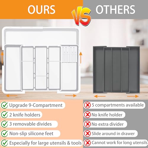 Homecor Kitchen Drawer Organizer Large Expandable Silverware Organizer, Utensil Holder and Flatware Tray, Kitchen Spatula Tools and Gadgets Storage with Removable Knife Blocks and 3 Dividers, White - color: White